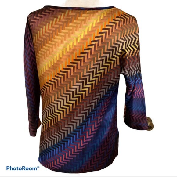 TRINA TURK TOP BLOUSE BLUE GOLD MULTI COLOR SILK SIZE S - Picture 7 of 9